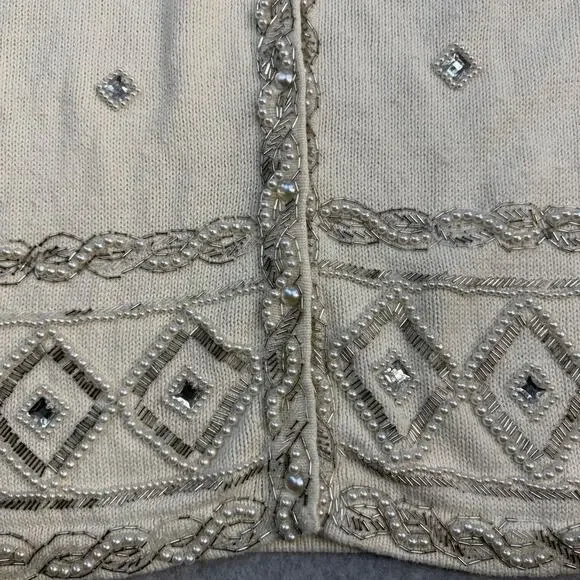 Cervelle Women's Sweater Cream S Ramie Cotton Beaded Embellished Rhinestones - Picture 2 of 11